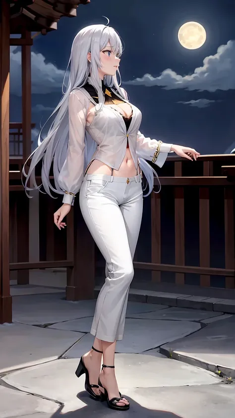  long silver hair 、  Beautiful shaped D cup with tension, yellow eyes , Moonlight、 moonlight 、、、, Full Body Composition from Head to Toe、Chuckle、Older sister、Sexy Fashion、 blouse、Belly button exposed、 tapered pants、Night Beauty、 with a fearless face、Yamato...