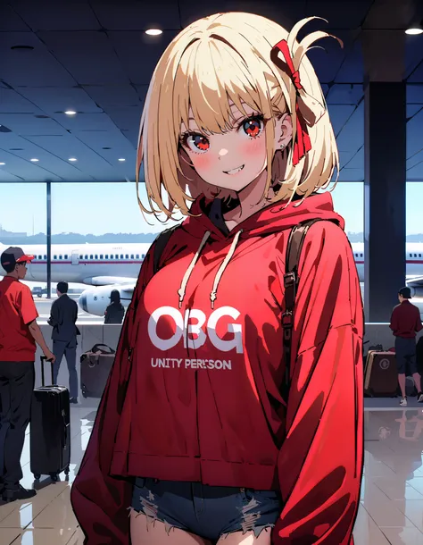 Nishiki Shiho , Nishiki Castle Senri,Alone, bangs,   blond hair with shoulder-length,  red eyes,  hair ribbon,  One Side Up, long hair,Baseball hats,smile,blush, mouth,Oversized red hoodie, denim micro shorts ,Bare legs, Bbo~, suitcases, standing,whole bod...