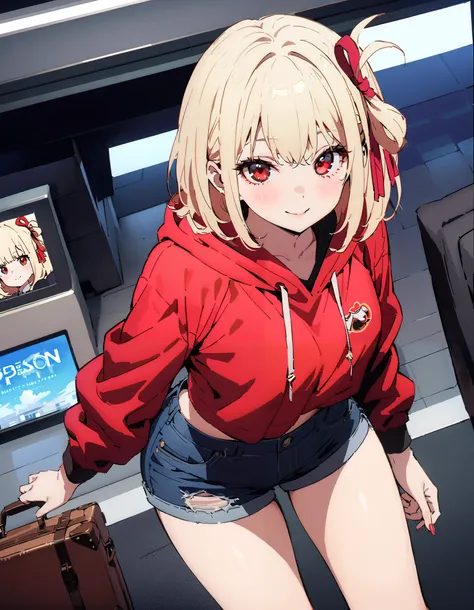 Nishiki Shiho , Nishiki Castle Senri,Alone, bangs,   blond hair with shoulder-length,  red eyes,  hair ribbon,  One Side Up, long hair,Baseball hats,smile,blush, mouth,Oversized red hoodie, denim micro shorts ,Bare legs, Bbo~, suitcases, standing,whole bod...