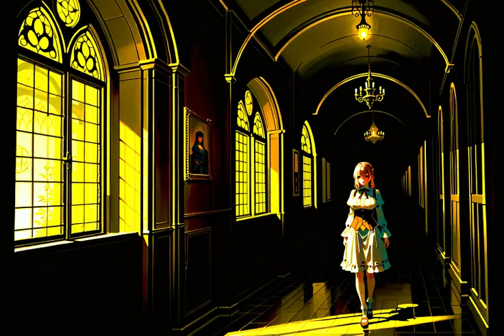 masterpiece, best quality, ultra A high resolution, ((Haunted Mansion)), young, Japanese, very cute face, braid hair, (Natural breasts, Big breasts, Large breasts), Walking through a dark, creepy hallway, an old elevator, Fantastic, Apocalyptic, Distant, R...