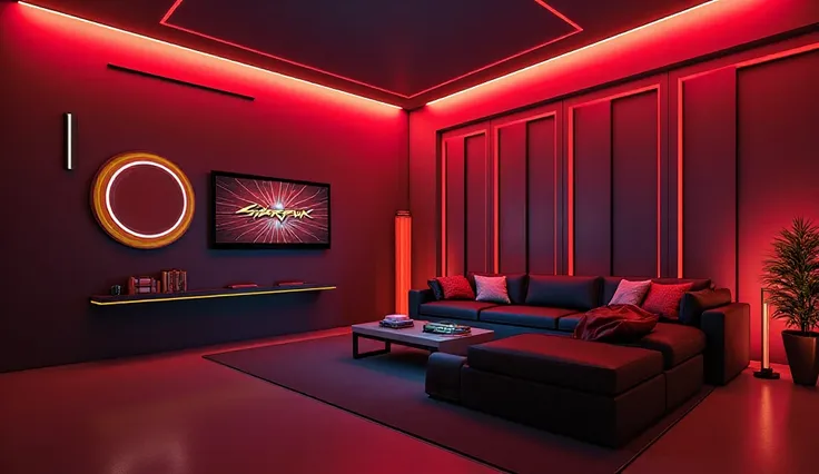 Cyberpank 2077 style living room with red lighting without people with a small round picture and a large TV on the wall