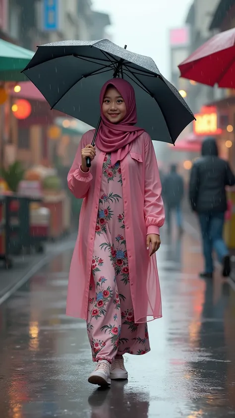 "High resolution, photorealistic 3D rendered image of beautiful dutch indonesia girl, wearing a pink pashmina hijab paired with a floral Muslim dress, covered with a transparent pink raincoat. She is also wearing jogging shoes and holding a black UV umbrel...