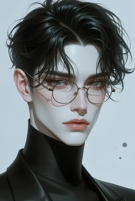 A man with beautiful black eyes , wears glasses , with black dandy hair , pink plump lips , pale skin, slim and slender body , without any beard, has no expression lines