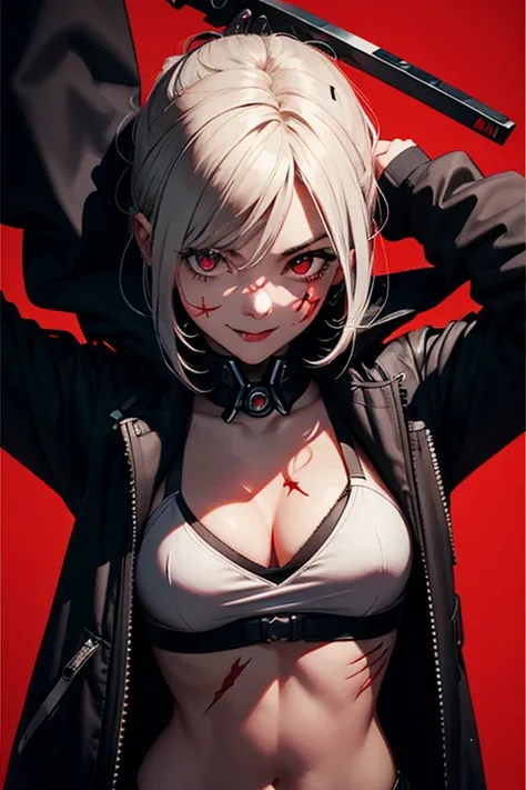  high image quality,assassin,girl,stick out 2, stick out your tongue , cyberpunk, Red Eye, red eyes,Bright red background,smile,scar,knife,8k,disease