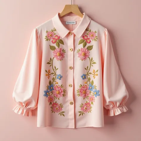 A beautiful embroidered blouse with delicate floral embroidery and a Peter Pan collar, blush pink color, no human, professional product photography, solid background, highly detailed, photorealistic, 8k, studio lighting, sharp focus, vivid colors, elegant,...