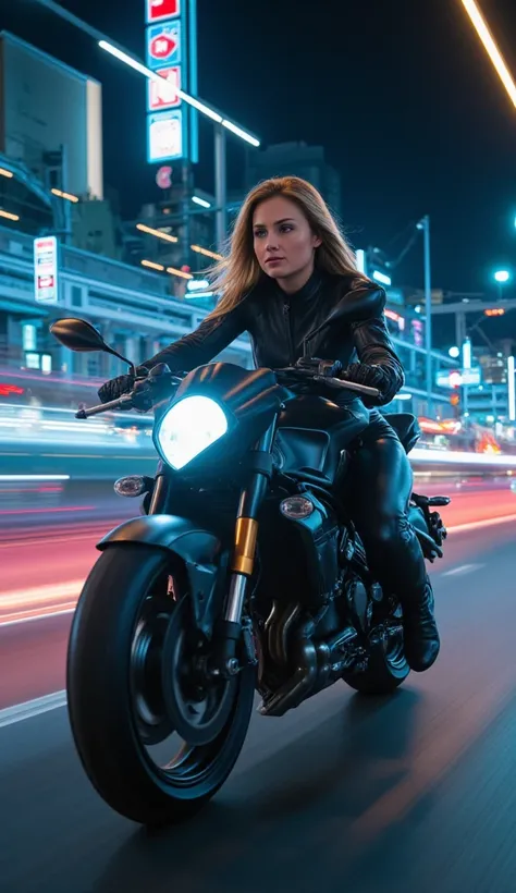 A woman riding a sports motorcycle speeds through the city at night. She is wearing a futuristic black riding suit, with her hair flowing in the wind. The neon lights of the city blur into streaks, creating a strong sense of motion and speed. The motorcycl...