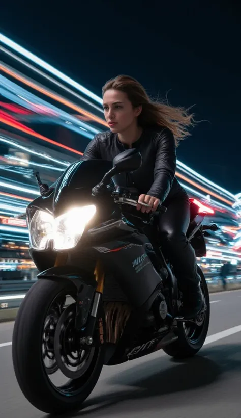 A woman riding a sports motorcycle speeds through the city at night. She is wearing a futuristic black riding suit, with her hair flowing in the wind. The neon lights of the city blur into streaks, creating a strong sense of motion and speed. The motorcycl...