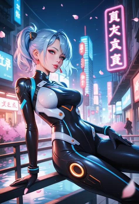 A futuristic anime-style portrait of a woman with short silver-blue hair, wearing a sleek white plugsuit with intricate designs and accents, sitting on a railing in a bustling urban street filled with neon signs and modern architecture, soft pink cherry bl...