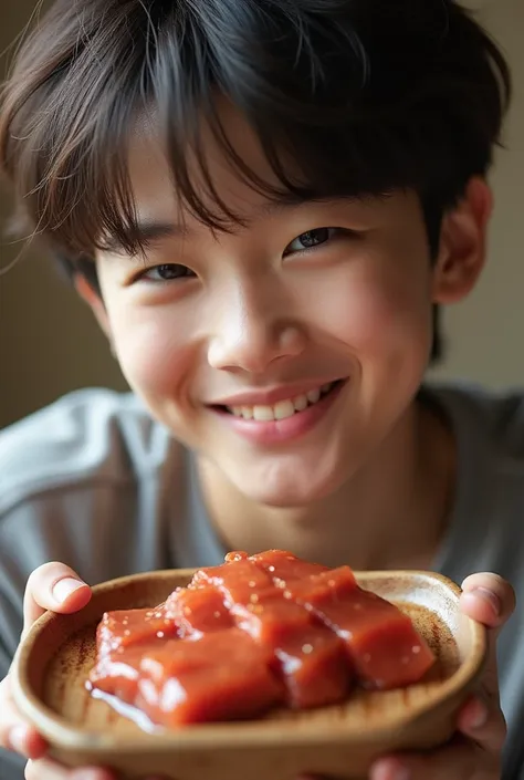  she is an attractive boy holding a hot pot meat with both hands, 両手で回鍋肉を持つ、I'm posing in front of my chest , Close-up shot of a smiling face with one eyelid closed

