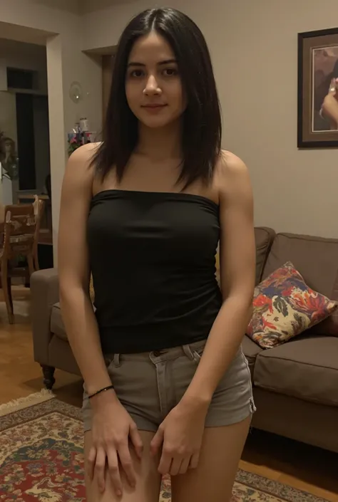 Young woman with medium skin tone and long dark hair, wearing a black sleeveless top and light gray shorts, standing in an livingroom setting at night with soft lighting in the background, look at viewer