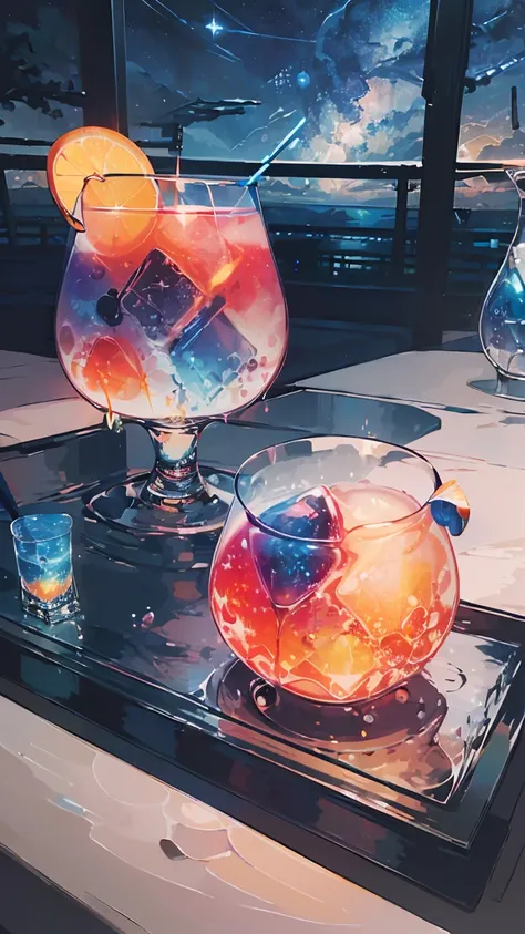  Masterpiece,  top quality,  Hi-Res,  very detailed that ,((( glass table with a glass filled with a blue cocktail))), (((Fruit floats on a glass ))), (((night))), ((( starry sky ))), (((Meteor Shower))), (((night景を背景に))), 