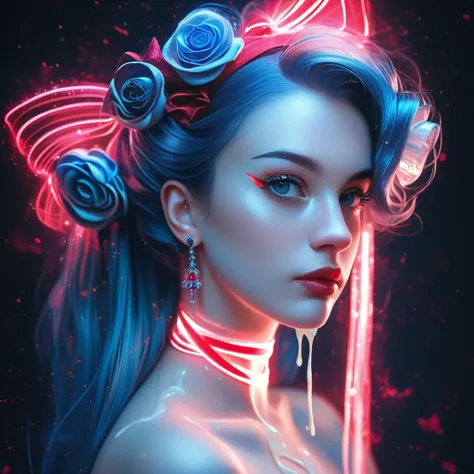 "A surreal portrait of a faceless woman wrapped in glowing, organic neon ribbons. The ribbons have intricate, fine textures and emit a vibrant pink-red glow. Her body is deep indigo blue, with high-contrast shadows and smooth, flowing fabric folds. Wispy, ...