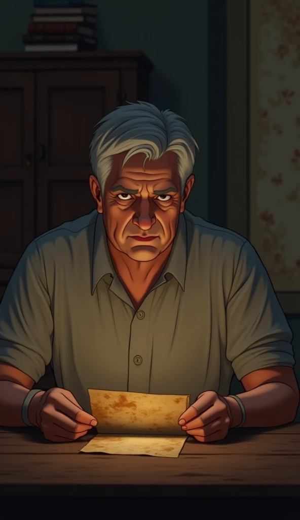 A middle-aged man with slightly graying hair, wearing a simple shirt, sits in a dimly lit old room. He opens a dusty, yellowed envelope with trembling hands. His expression is nostalgic and emotional. The background has an old wooden cupboard, books, and f...