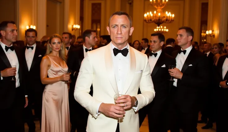 Front view, mid-range shot, cinematic elegance

Daniel Craig, embodying the suave sophistication of James Bond, stands confidently in the center of a lavish 1950s high-society party, surrounded by elegantly dressed guests. He wears a tailored white dinner ...