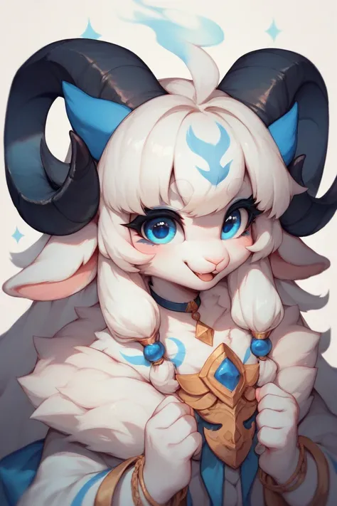 A cute anthro white goat with grayish blue markings on fur cute eye lashes cute blue eye liner and blue eye makeup blue long ram horns lots of fur coming from flaming portable 