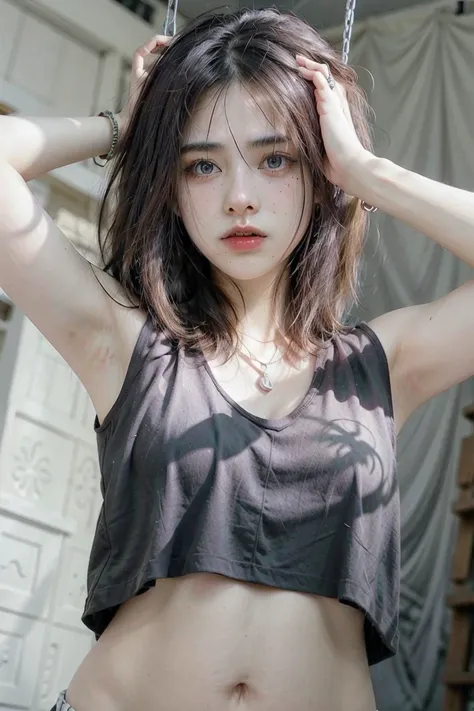     arms raised
 Black Earrings , hairpin, necklace,   Black super short hair     , Swing   , sad ,, (Young face  ))),【【Miss,Bangs, ，Armpits暴露，   Armpits　，Perfect Arms 　Flat chest　Small chest　Pregnant　pregnant woman　露出Armpits　   with hands raised to head  ...