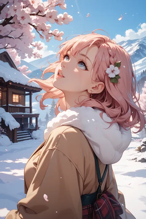 winter　In the snow　Cherry blossoms falling　A woman is looking up