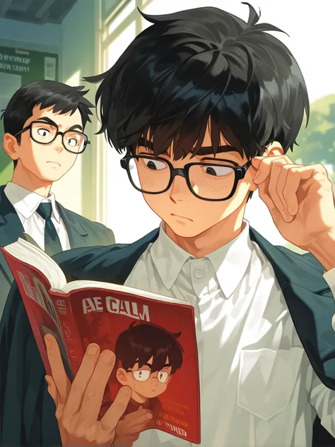 1boy,short black hair and bang, calm expression, glasses, white school shirt uniform, reading a book in a class, high quality, handsome age boy,Japanese boy, kuudere, unbothered, details, good details, 4k hd, proper art, anime art