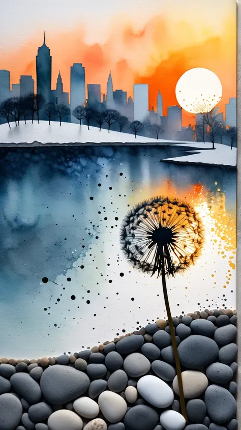 Dandelion, sunset, city, winter,  Curved Stains ,  Relief Pebble Art, Multi-layered Watercolor ,  minimalism