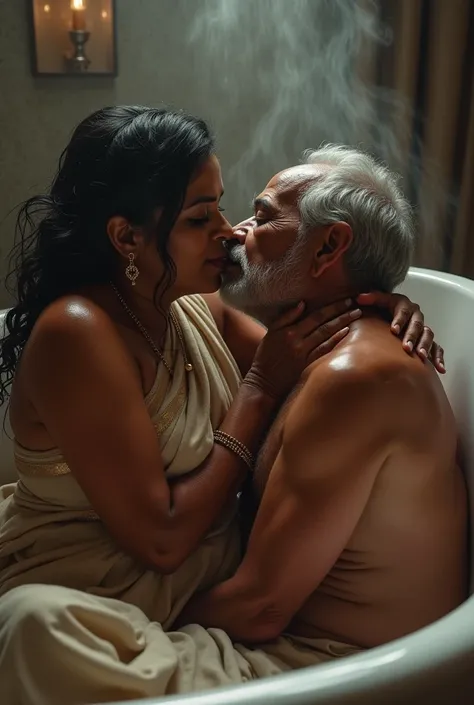 Indian giant chubby milf aunt  huge boobs in wet saree kissing and hugging naked old man in bathtub