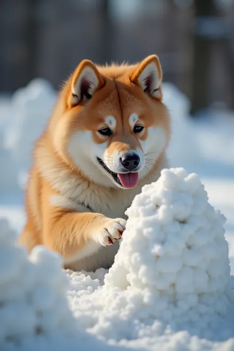  she's a charming Akita dog, Making snow sculptures with both hands 、I'm posing in front of my chest , Close-up shot of a smiling face with one eyelid closed

