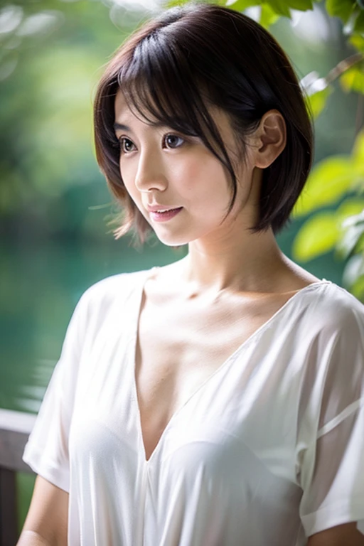 ( angle from directly below:1.0)、35-year-old Japanese woman with beautiful breasts and short black hair、whole body、 high image quality、 white shirt 