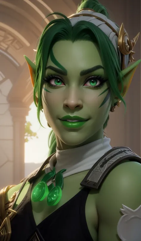 arafed woman with green hair and green eyes and green makeup, orc themed, half orc half elf woman, female orc, green orc female, unreal engine : : rave makeup, day - glow facepaint, alluring tiefling druid, elven character with smirk, green glowing eyes, w...