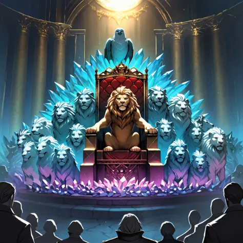 A sea of crystal, in the middle, a throne, surrounded by four creatures, one that looks like a lion, the oufra with a calf, the other with a human and the other with an eagle. E ao redor de a throne, twenty-four more thrones inhabited by elders