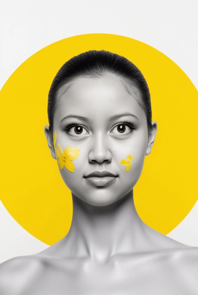 A black-and-white photograph of an elegant woman with mustard yellow and periwinkle paint brush strokes on her face. The background is a light mustard circle. The overall image has a minimalist style.