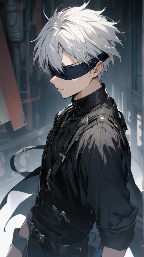  boy, short hair , blindfolded,White hair, blue eyes, Black Clothing ,