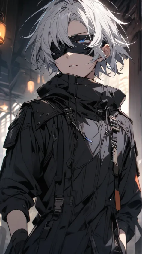  boy, short hair , blindfolded,White hair, blue eyes, Black Clothing ,