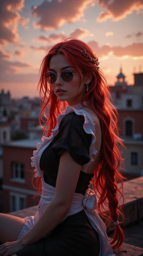  Masterpiece of a lovely girl， Braided Hairstyle ， Maid Dress， White Hair，brown skin，Long red hair ，Charming red eyes ， wearing round sunglasses ， naughty smile ， look back and smile，20 years old，Sitting on the rooftop， Dusk 。