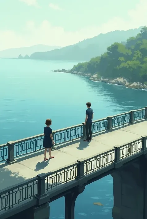 Can u create a image of 1 person who is standing at the bridge and holding onto the railing looking towards the bay and another person walking towards him (girl)