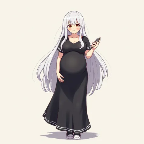 anime girl, long hair, white hair,big pregnant, orange eyes, pregnant girl with big belly, anime style, big breasts, pregnant girl with big belly, smile, white thin tights, black long dress with white stripes with short sleeves, big pregnant belly, big bre...