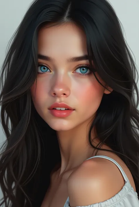 A realistic teenage girl with Latin traits, beautiful, BY TEZ CLARA,  Black hair, long and with blue eyes 