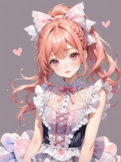 Wearing lace clothes　watercolor　 shoulder out　ruffles
Ponytail 　Heart Clothes