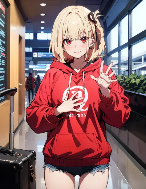 Nishiki Shiho , Nishiki Castle Senri,Alone, bangs, blond hair with shoulder-length, red eyes, hair ribbon, One Side Up, long hair,Baseball hats,smile,blush, mouth,Oversized red hoodie, denim micro shorts ,Bare legs, Bbo~, suitcases, standing,whole bod...
