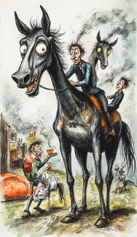 Humorous caricature illustration featuring exaggerated horses and humans in a playful scene. The horses have oversized heads, goofy expressions, and exaggerated features like huge teeth or wild, messy manes. The humans interact with them in a comical way—o...