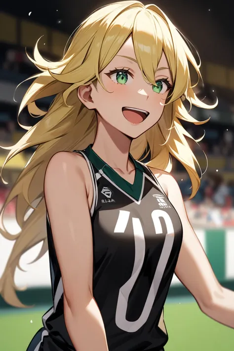 Blonde girl long hair, tez blanca,  green eyes,  wears a white and mostly black volleyball uniform, It is cheerful.  is   
