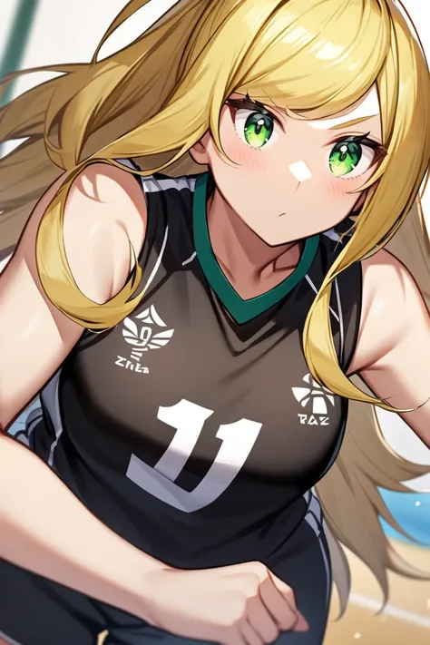 Blonde girl long hair, tez blanca,  green eyes,  wears a white and mostly black volleyball uniform, It is cheerful.  is   
