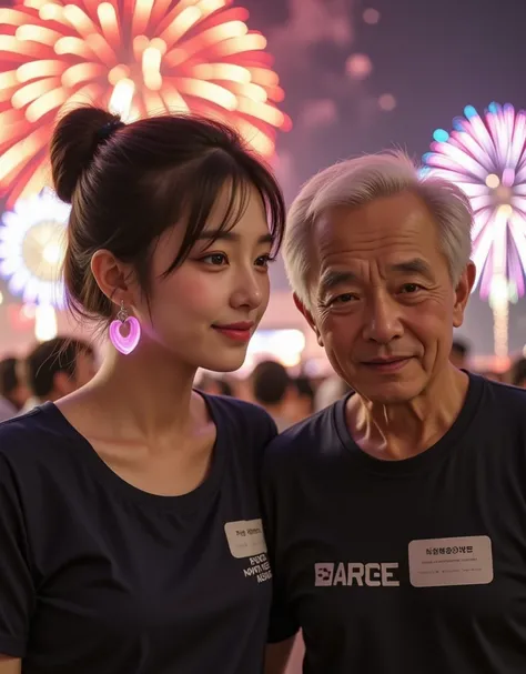 (Korean college girl with super cute big boobs takes a commemorative photo with her grandpa at a fireworks display:1.2)( laughing out loud :1.2)(16k,  RAW photos ,  top quality,  Masterpiece: 1.2),( shiny black hair cute bun hair )  super detailed,  super ...