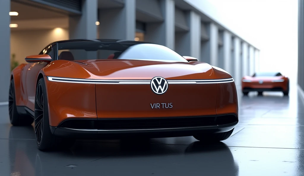 A 3D render of the 2025 Volkswagen Virtus in a sleek, brown color. The side view reveals cutting-edge LED headlights spanning the vehicle's entire width, offering high-visibility and a touch of innovation. The streamlined, curved body is accentuated by a m...