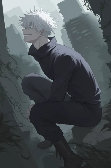 masterpiece, best quality, amazing quality, very aesthetic, absurdres, newest, scenery,
1boy, male focus, gojou satoru \(jujutsu kaisen\), zombie boy, pale skin, empty eyes, dull eyes, blue eyes, white eyelashes, white hair, hair between eyes, smile, sharp...