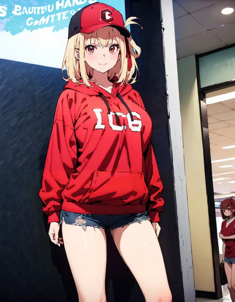 Nishiki Shiho , Nishiki Castle Senri,Alone, bangs,   blond hair with shoulder-length,  red eyes,Red hair ribbon ,  One Side Up, long hair,Baseball hats,smile,Big Breasts,blush, mouth,Oversized red hoodie, denim micro shorts ,Bare legs, Bbo~, suitcases, sta...