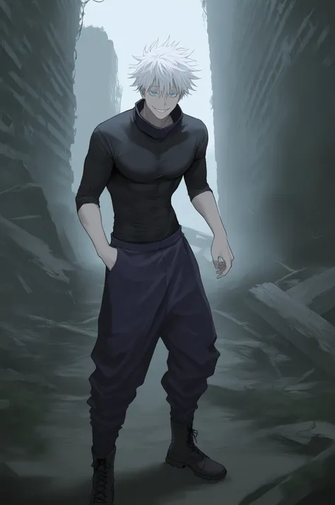 masterpiece, best quality, amazing quality, very aesthetic, absurdres, newest, scenery,
1boy, male focus, gojou satoru \(jujutsu kaisen\), zombie boy, pale skin, empty eyes, dull eyes, blue eyes, white eyelashes, white hair, hair between eyes, smile, sharp...