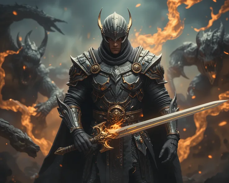 A powerful warrior wearing silver armor with golden details, standing amidst a battlefield covered in smoke and magical energy. His glowing eyes reflect unwavering determination as he faces monstrous enemies with his sacred sword.