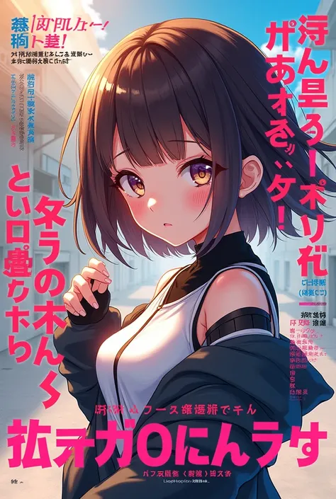 promotional image,  with Japanese magazine style publication text, with anime girl in the background ,  in modern Japanese Pop style 