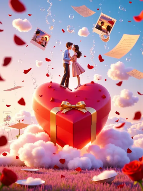 A giant heart-shaped gift box floats in mid-air, wrapped in shimmering crimson ribbon with gold bow details. 1boy and 1girl stand on top of the heart-shaped box, smiling at each other face-to-face. They are surrounded by soft, realistic cotton clouds. Real...