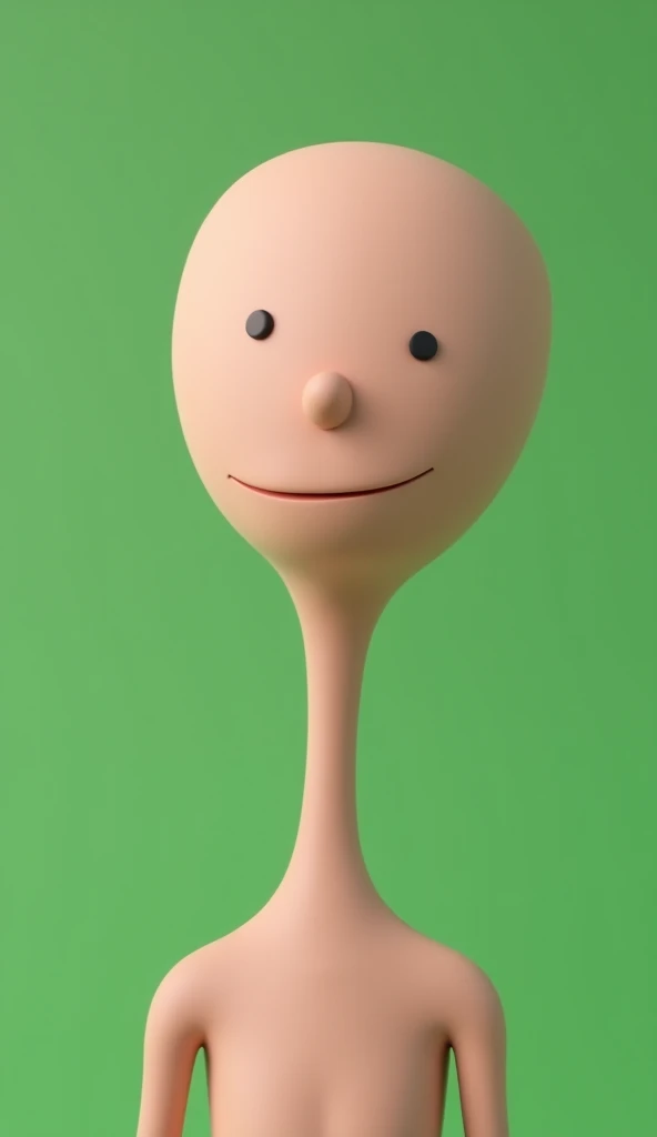 A cartoonish, 3D-rendered head of a skinny character, shaped like a smooth oval with no facial features—no eyes, nose, mouth, or hair. The head is completely bald and designed in a playful, exaggerated style. Rendered against a solid green background with ...