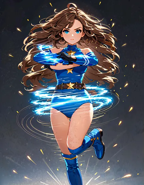 (masterpiece), (best quality), (high res), highly detailed, professional, 1girl, superhero, blue choker, blue eyes, blue footwear, blue gloves, matching boots, high leg, (high leg blue briefs, high-waisted belt, midriff, blue tank top, elastic sleeves), ba...